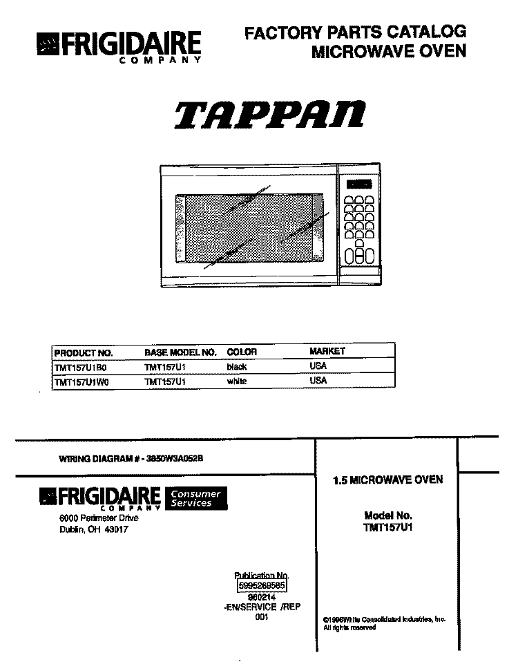 COVER Diagram and Parts List for TMT157U1B0  Tappan Microwave