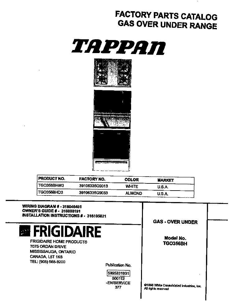 COVER Diagram and Parts List for TGO356BHD3  Tappan Range