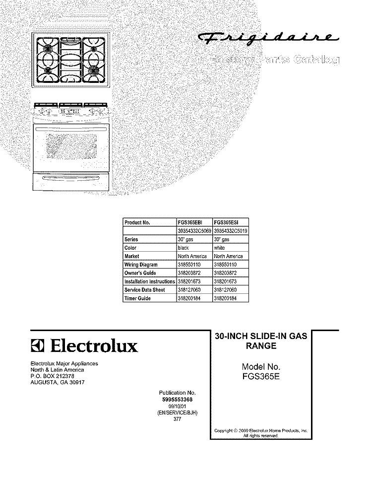 COVER Diagram and Parts List for FGS365EBI  Frigidaire Range