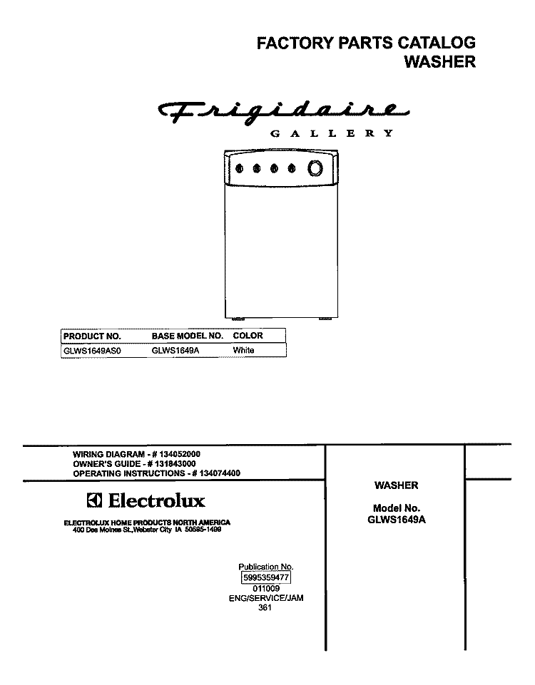COVER Diagram and Parts List for GLWS1649AS0  Frigidaire Washer