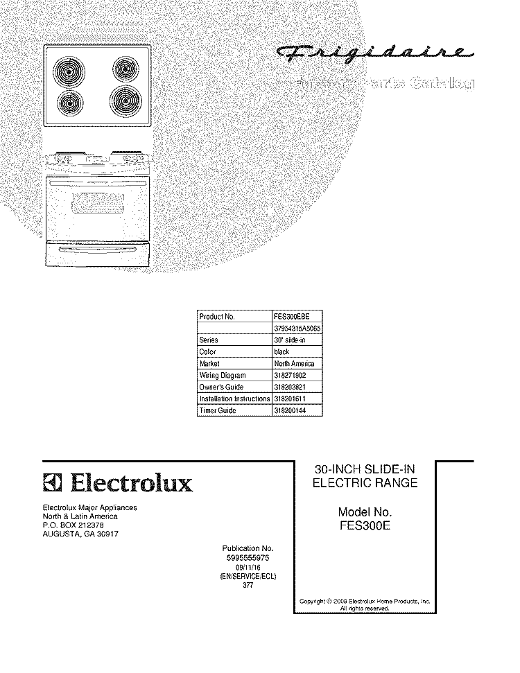 COVER Diagram and Parts List for FES300EBE  Frigidaire Range