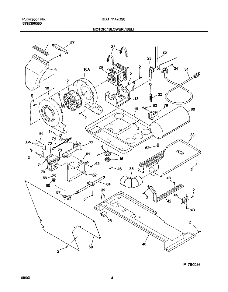 MOTOR / BLOWER / BELT Diagram and Parts List for GLGT1142CS0  Frigidaire Washer Dryer Combo