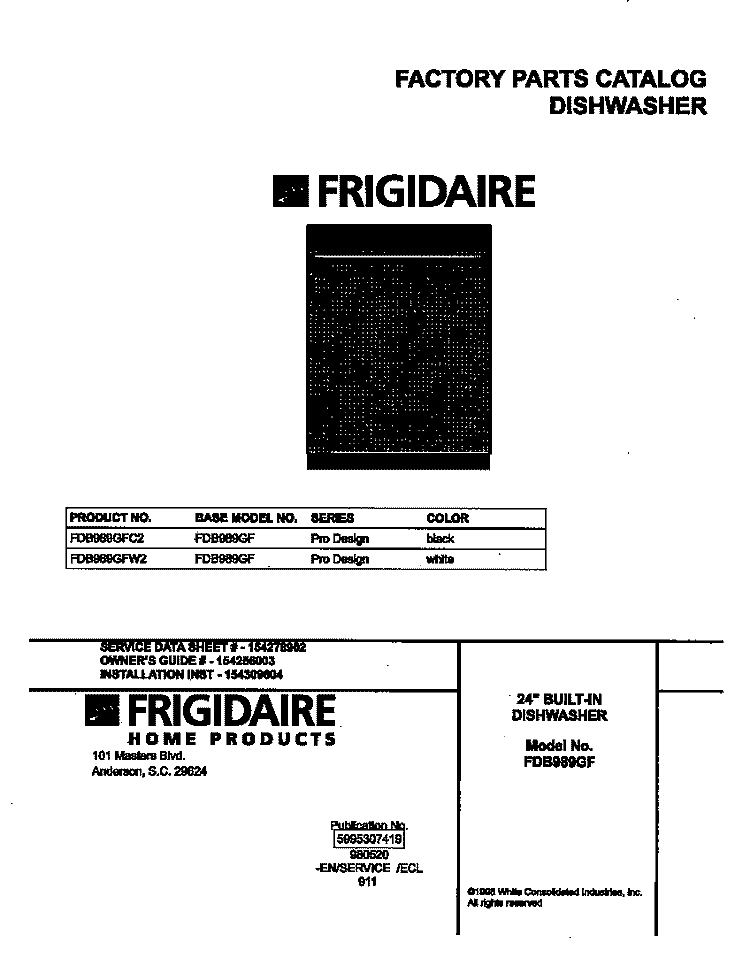 COVER Diagram and Parts List for FDB989GFW2  Frigidaire Dishwasher