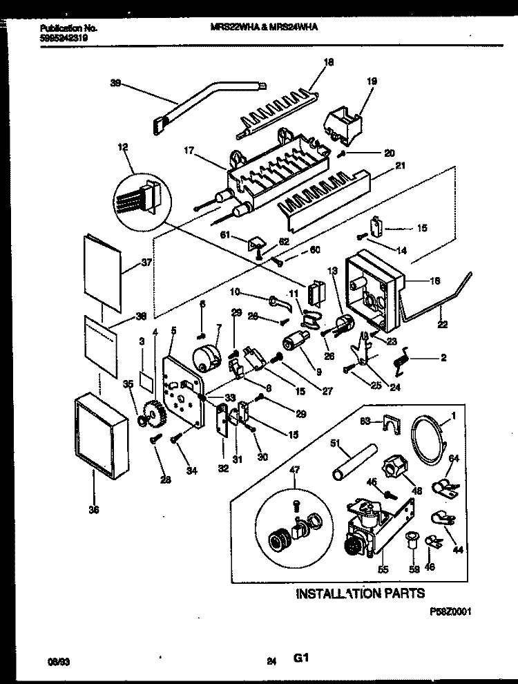 ICE MAKER AND INSTALLATION PARTS Diagram and Parts List for MRS24WHAD0  Frigidaire Refrigerator