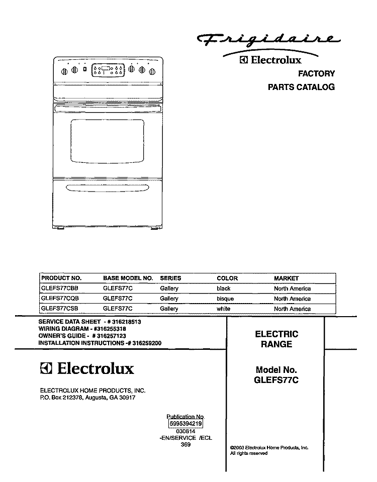 COVER Diagram and Parts List for GLEFS77CQB  Frigidaire Range