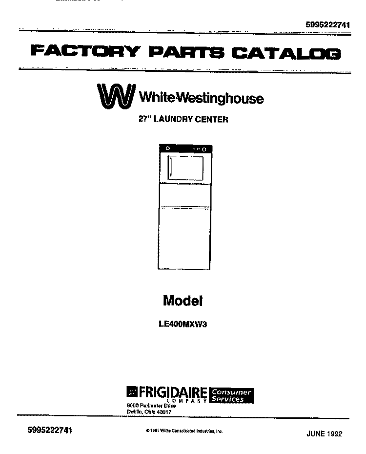 COVER Diagram and Parts List for LE400MXW3  Frigidaire Washer Dryer Combo