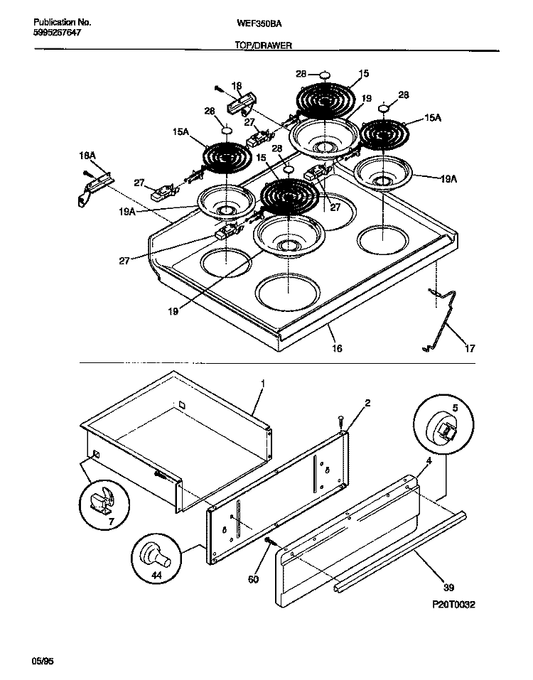 TOP / DRAWER Diagram and Parts List for WEF350BAWB  Frigidaire Range