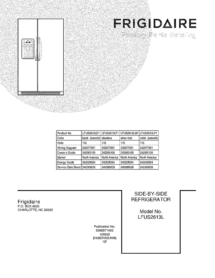 COVER Diagram and Parts List for LFUS2613LE1  Frigidaire Refrigerator