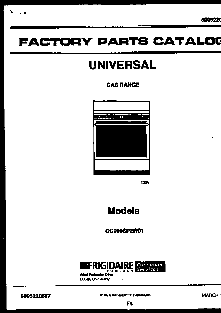 COVER Diagram and Parts List for CG200SP2D1  Frigidaire Range