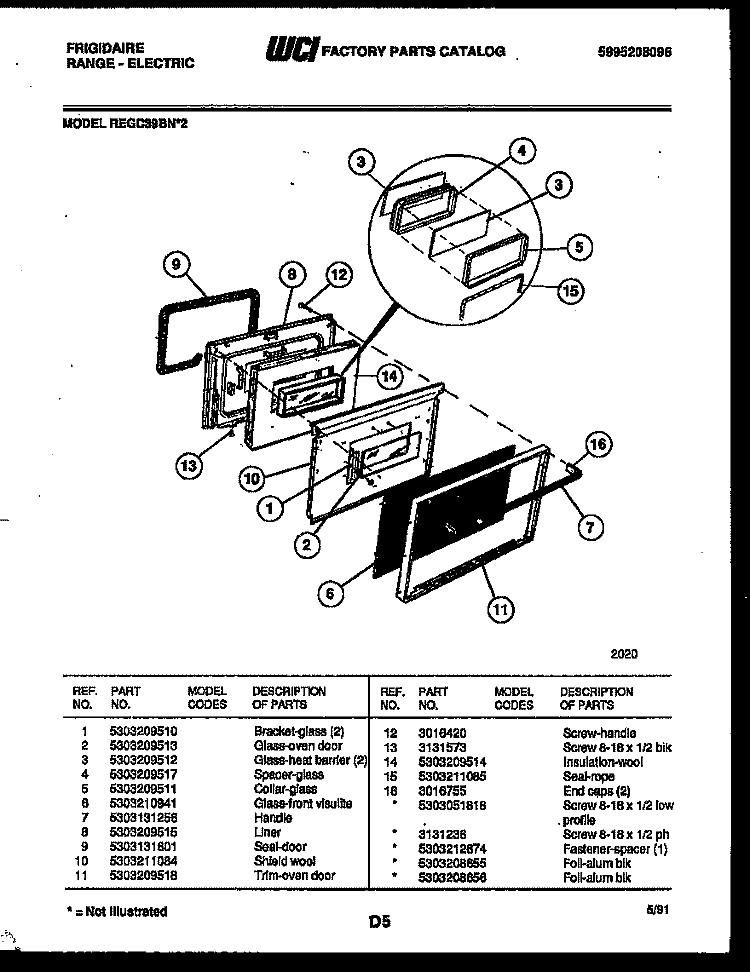 DOOR PARTS Diagram and Parts List for REGC39BNW2  Frigidaire Range