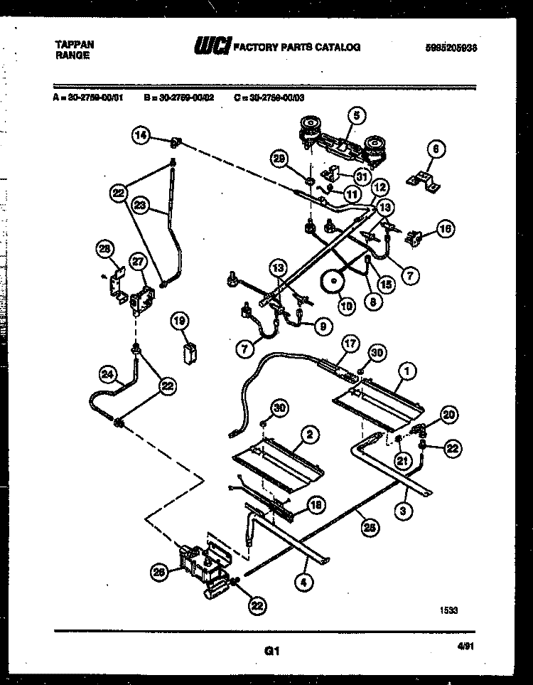 BURNER, MANIFOLD AND GAS CONTROL Diagram and Parts List for 30-2759-00-03  Tappan Range