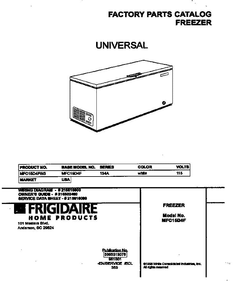 COVER Diagram and Parts List for MFC15D4FW3  Frigidaire Freezer