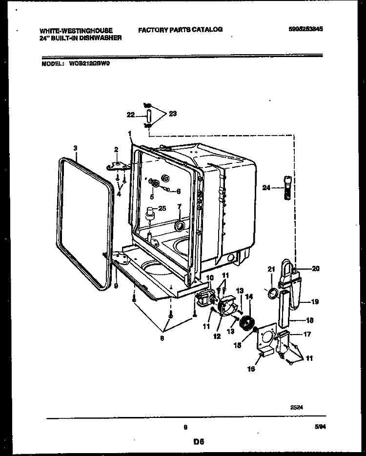 TUB AND FRAME PARTS Diagram and Parts List for WDB212GBW0  Frigidaire Dishwasher
