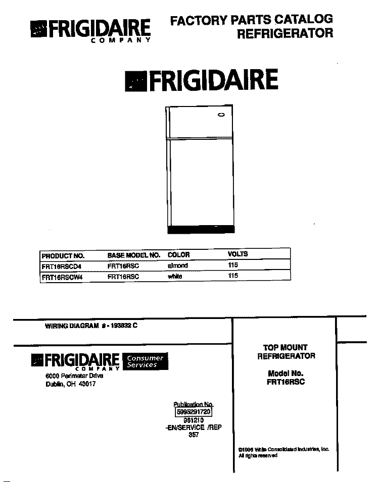 COVER Diagram and Parts List for FRT16RSCD4  Frigidaire Refrigerator