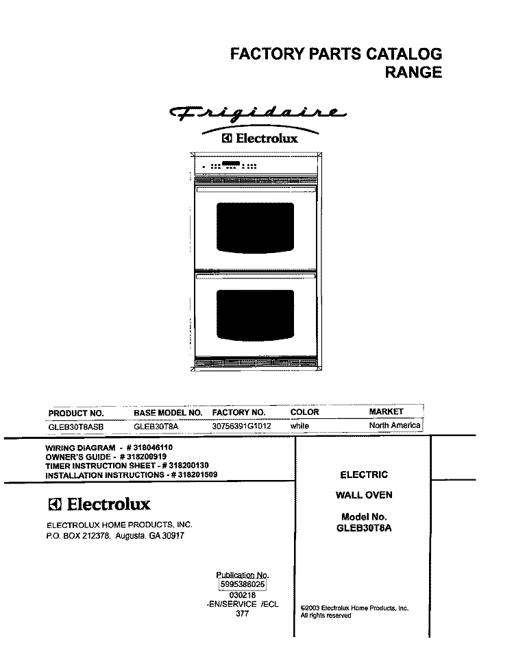 COVER Diagram and Parts List for GLEB30T8ASB  Frigidaire Wall Oven