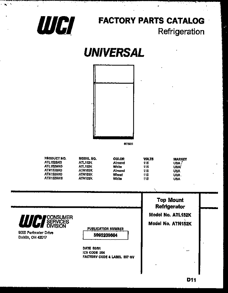 COVER Diagram and Parts List for ATN152HK0  Frigidaire Refrigerator