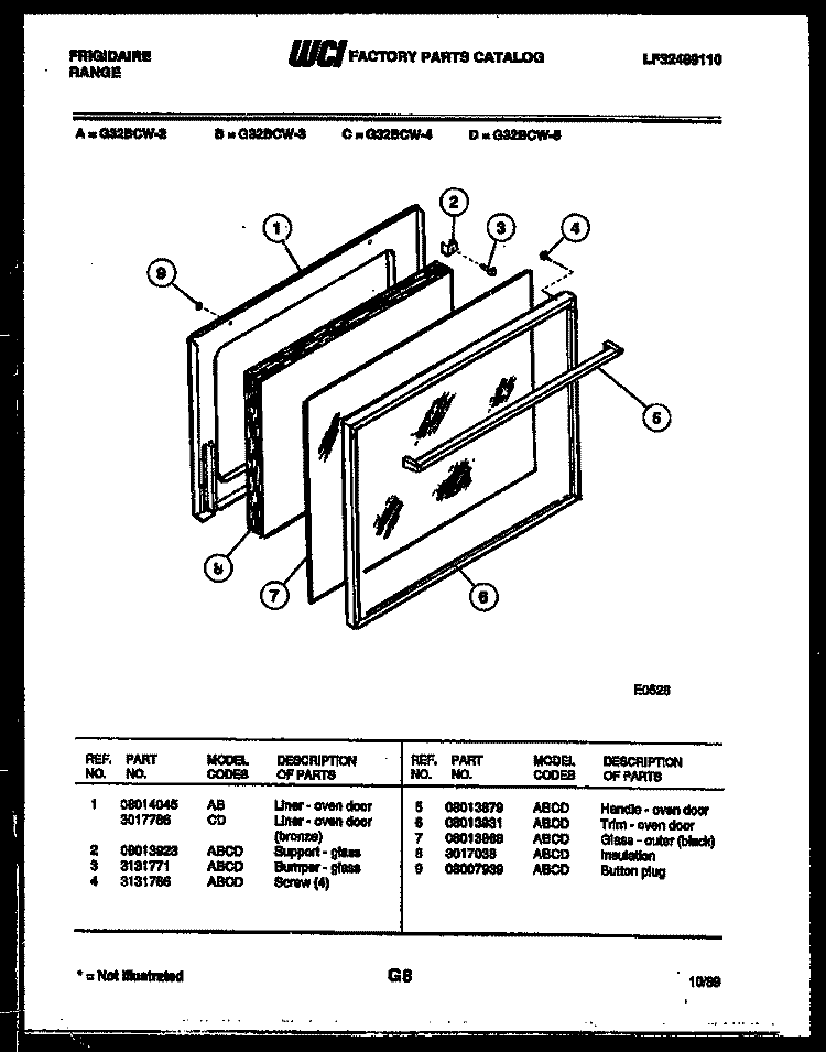 DOOR PARTS Diagram and Parts List for G32BCL2  Frigidaire Range