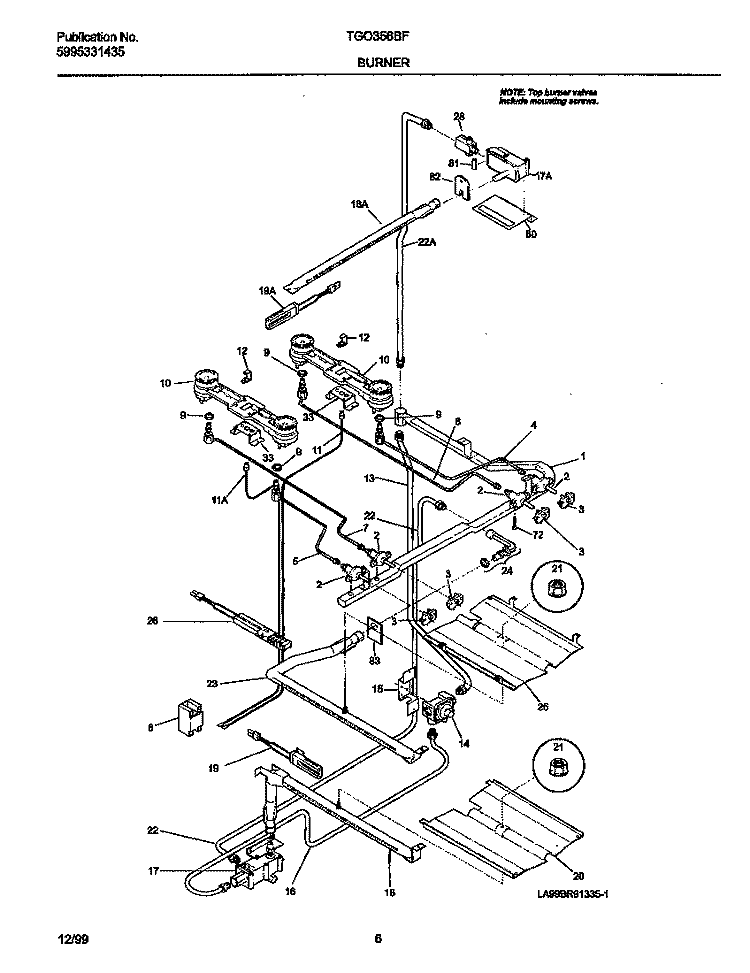 BURNER Diagram and Parts List for TGO356BFW4  Frigidaire Range