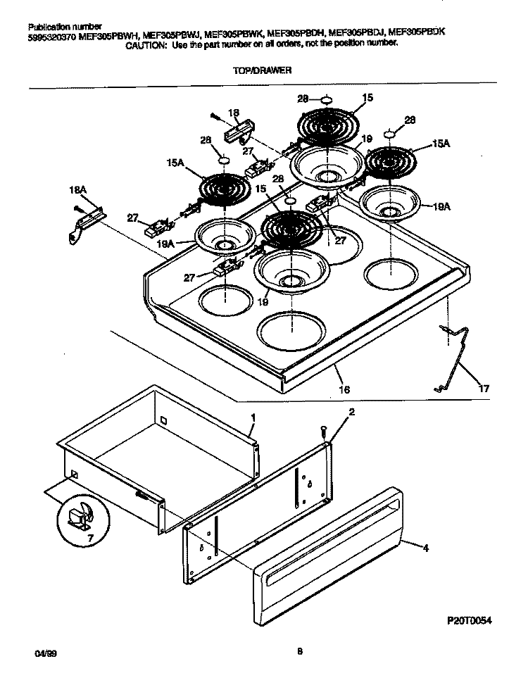 TOP / DRAWER Diagram and Parts List for MEF305PBDK  Frigidaire Range