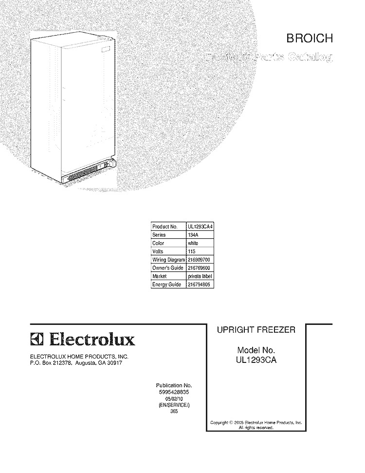 COVER Diagram and Parts List for UL1293CA4  Electrolux Freezer