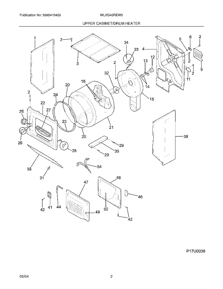 UPPER CABINET / DRUM HEATER Diagram and Parts List for WLXG42REW5  Westinghouse Washer Dryer Combo