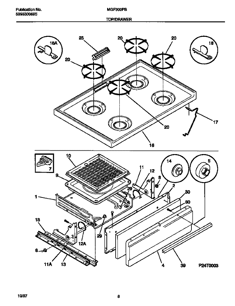 TOP / DRAWER Diagram and Parts List for MGF300PBDG  Frigidaire Range