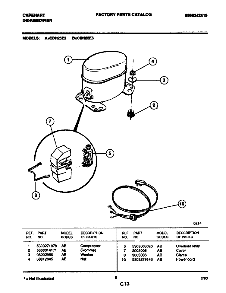 COMPRESSOR Diagram and Parts List for CDH25E2  Frigidaire Dehumidifier