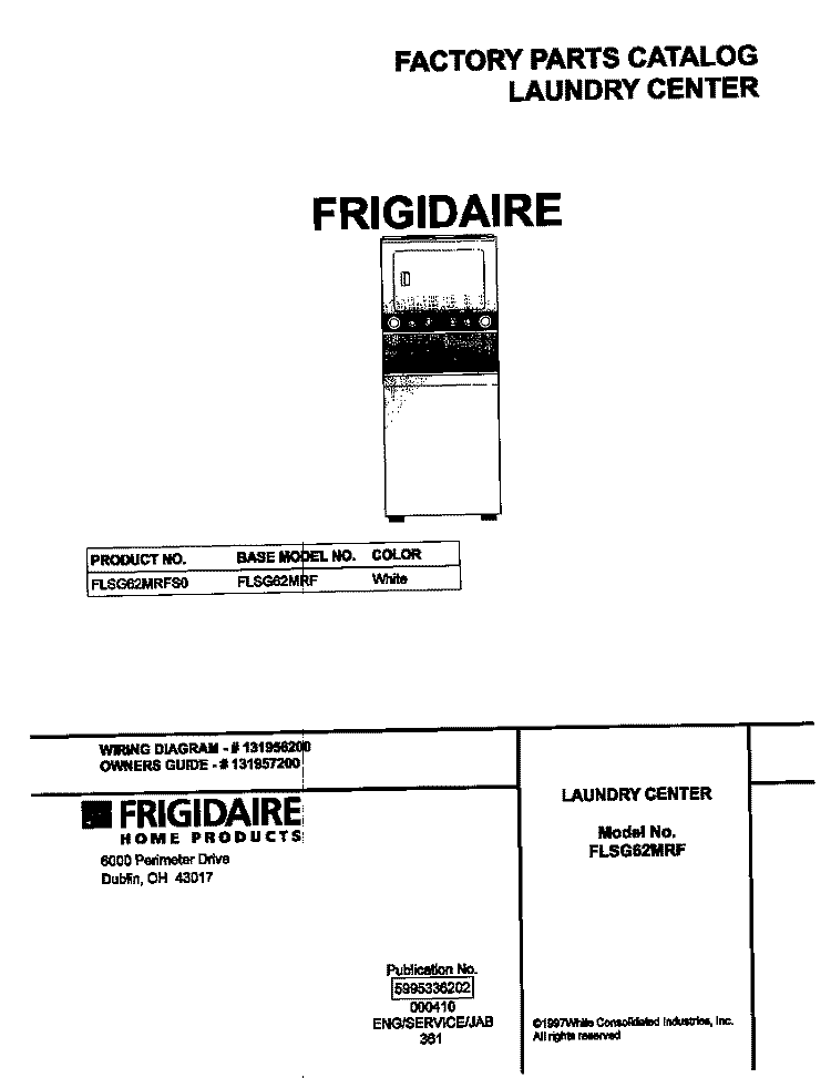 COVER Diagram and Parts List for FLSG62MRFS0  Frigidaire Washer Dryer Combo