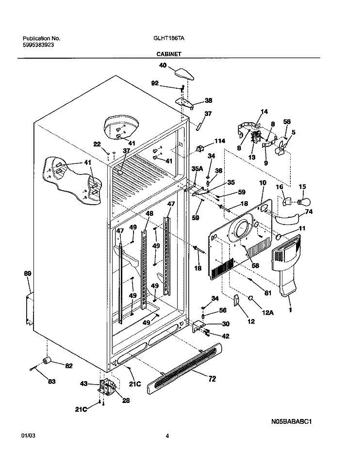 CABINET Diagram and Parts List for GLHT186TAW6  Frigidaire Refrigerator