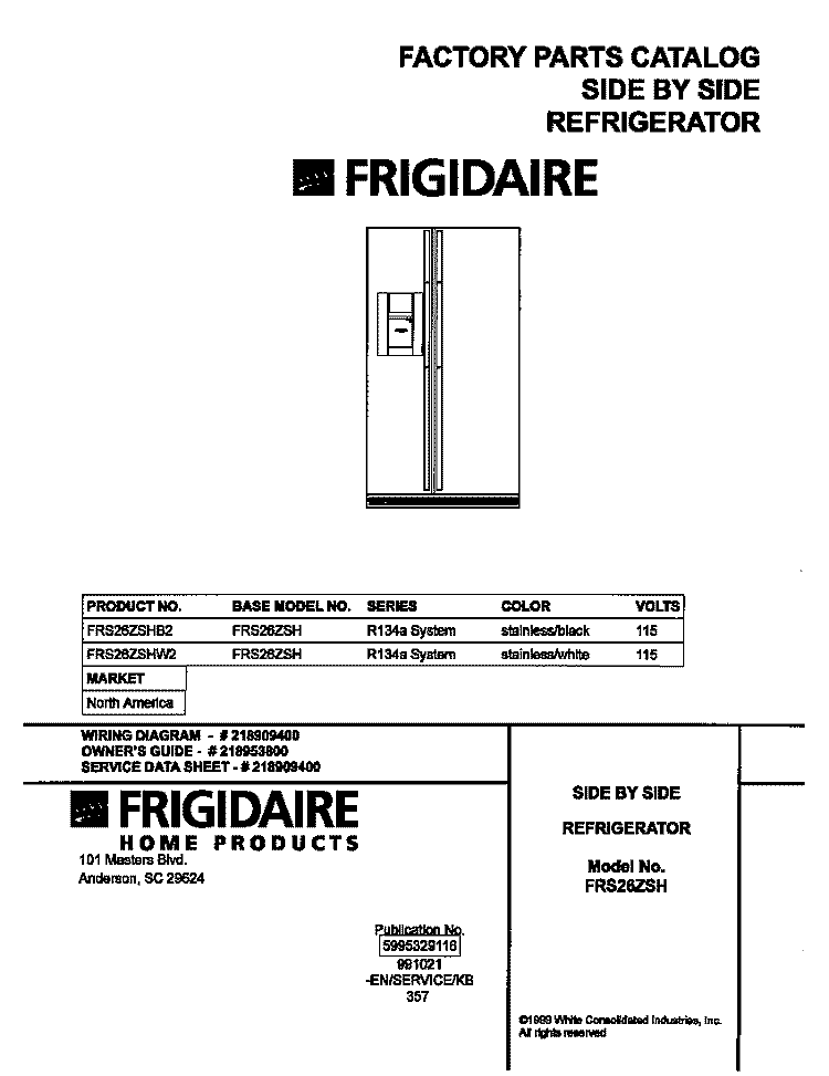 COVER Diagram and Parts List for FRS26ZSHB2  Frigidaire Refrigerator