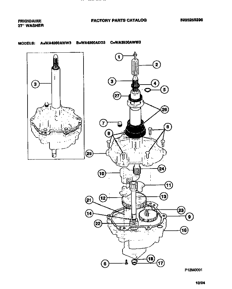 TRANSMISSION Diagram and Parts List for WA3900AWW3  Frigidaire Washer