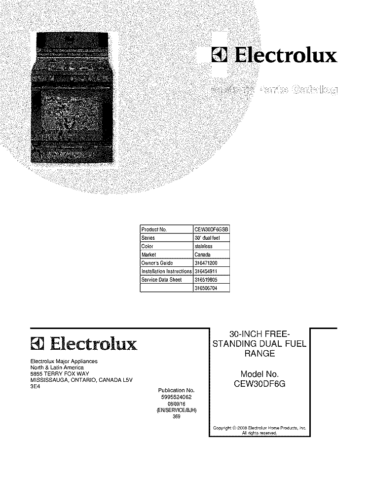 COVER Diagram and Parts List for CEW30DF6GSB  Electrolux Range