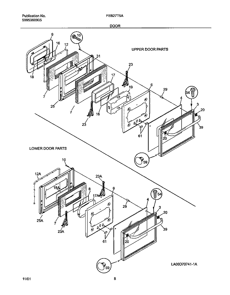DOORS Diagram and Parts List for FEB27T5ABA  Frigidaire Wall Oven