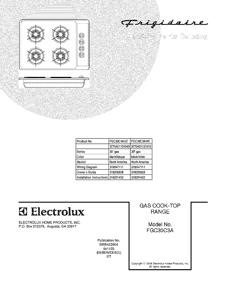 COVER Diagram and Parts List for FGC30C3AWC  Frigidaire Cooktop