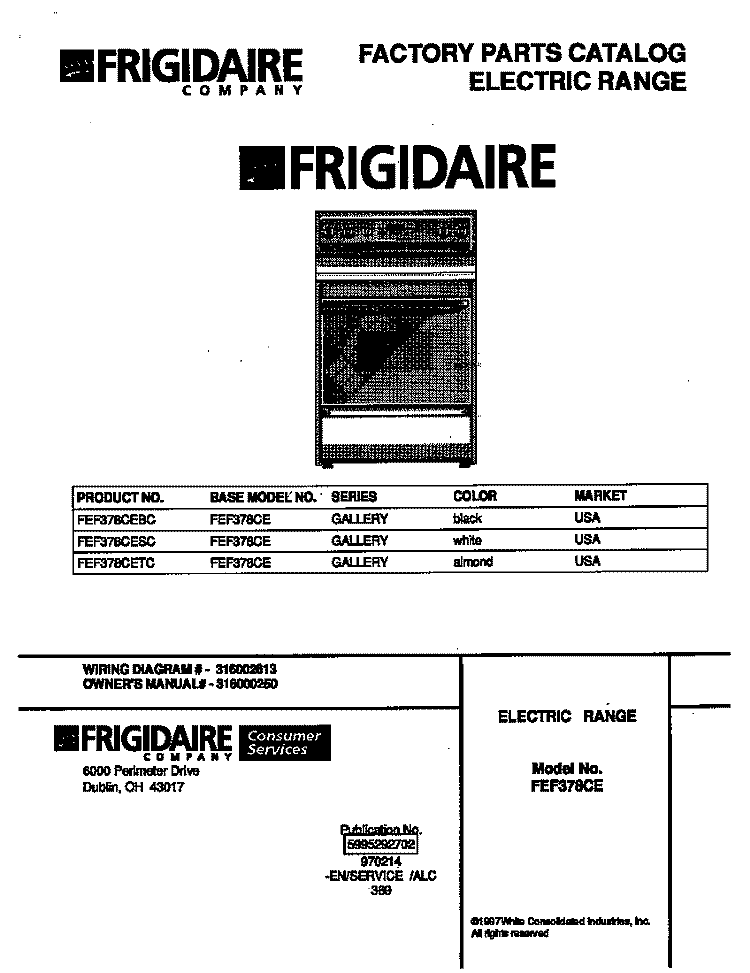 COVER Diagram and Parts List for FEF378CESC  Frigidaire Range