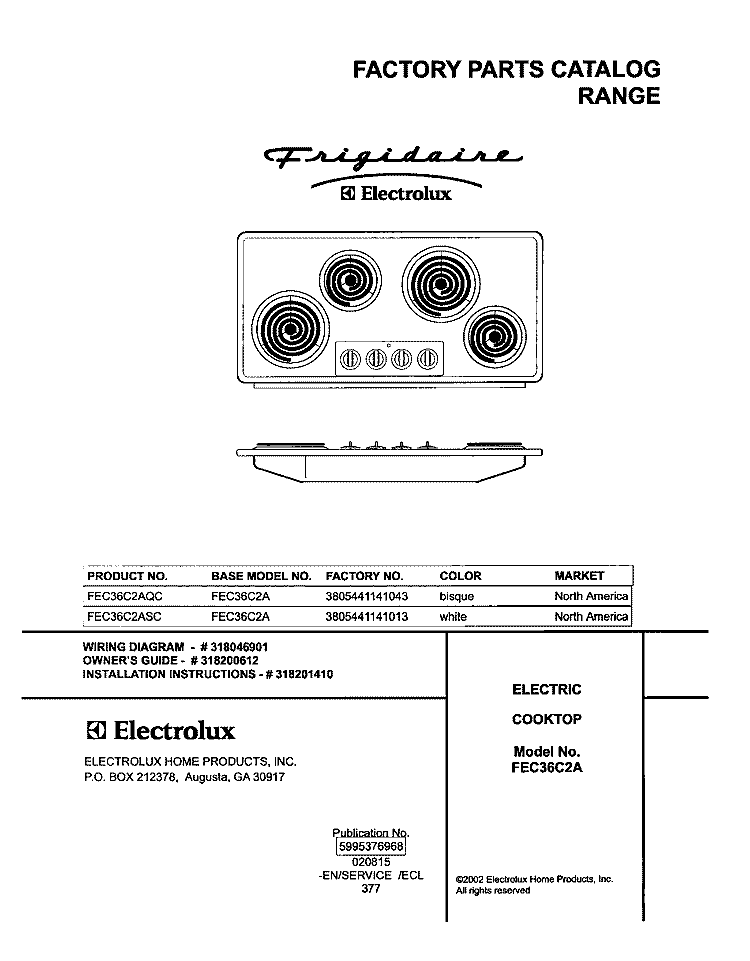 COVER Diagram and Parts List for FEC36C2ASC  Frigidaire Cooktop