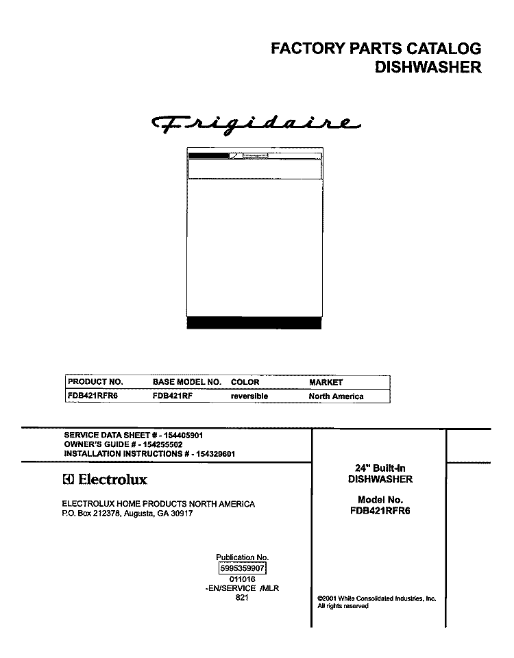 COVER Diagram and Parts List for FDB421RFR6  Frigidaire Dishwasher
