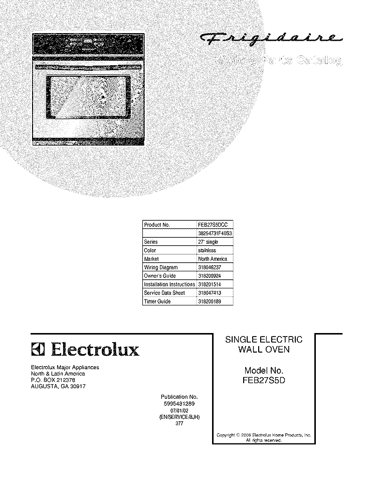 COVER Diagram and Parts List for FEB27S5DCC  Frigidaire Wall Oven