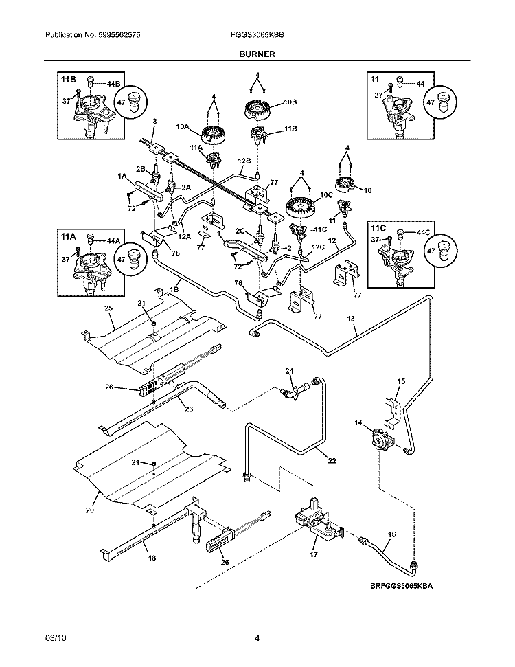 BURNER Diagram and Parts List for FGGS3065KBB  Frigidaire Range