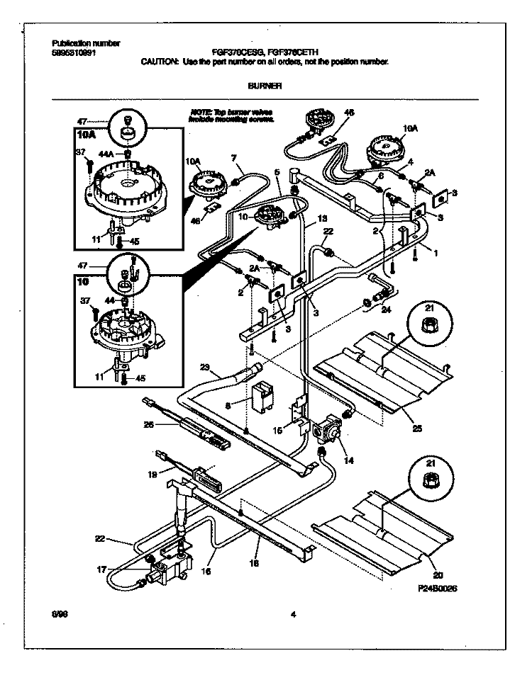 BURNER Diagram and Parts List for FGF376CETH  Frigidaire Range