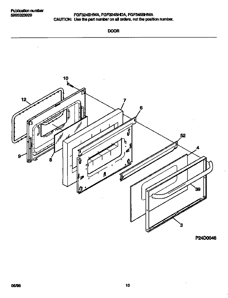 DOOR Diagram and Parts List for FGF324BHDA  Frigidaire Range