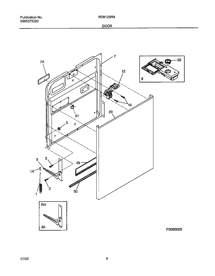 DOOR Diagram and Parts List for FDB126RBS0  Frigidaire Dishwasher