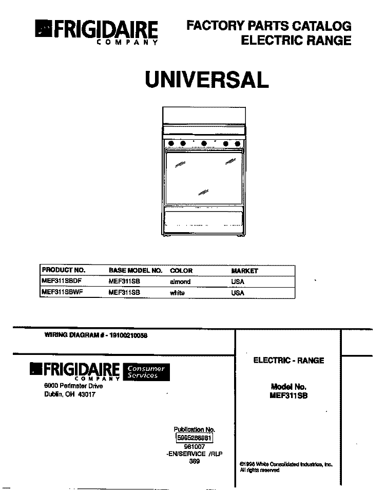 COVER Diagram and Parts List for MEF311SBDF  Frigidaire Range