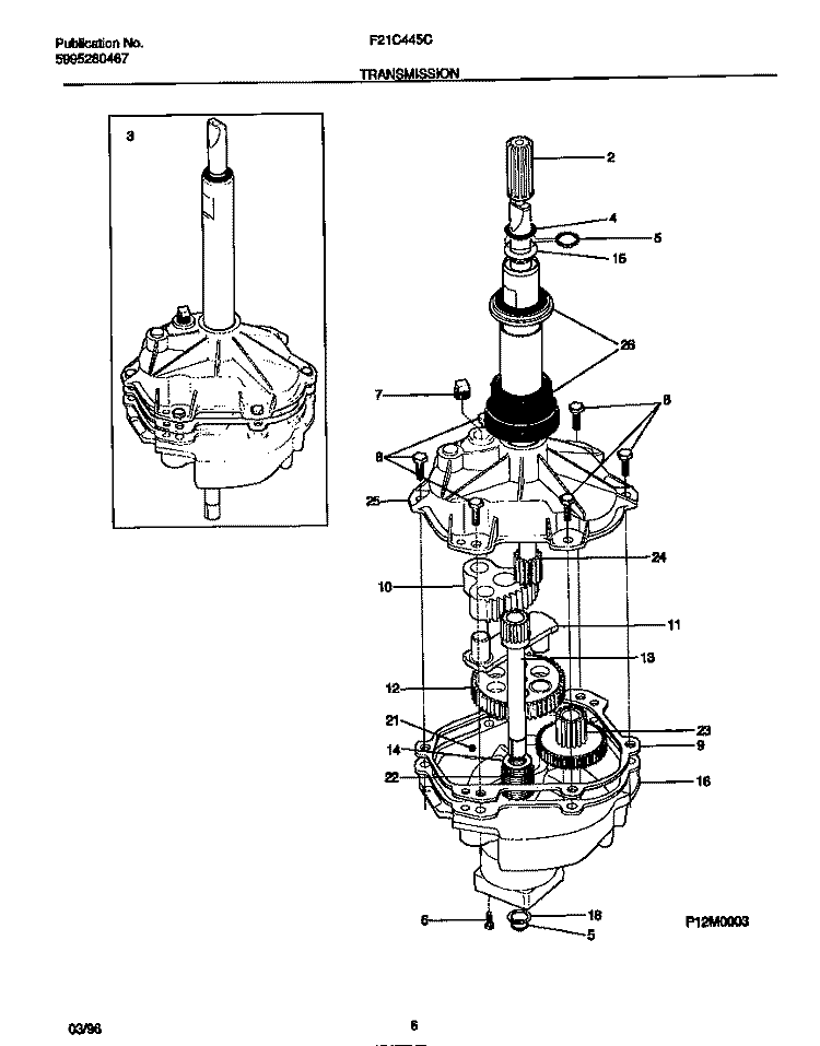 TRANSMISSION Diagram and Parts List for F21C445CS3  Frigidaire Washer