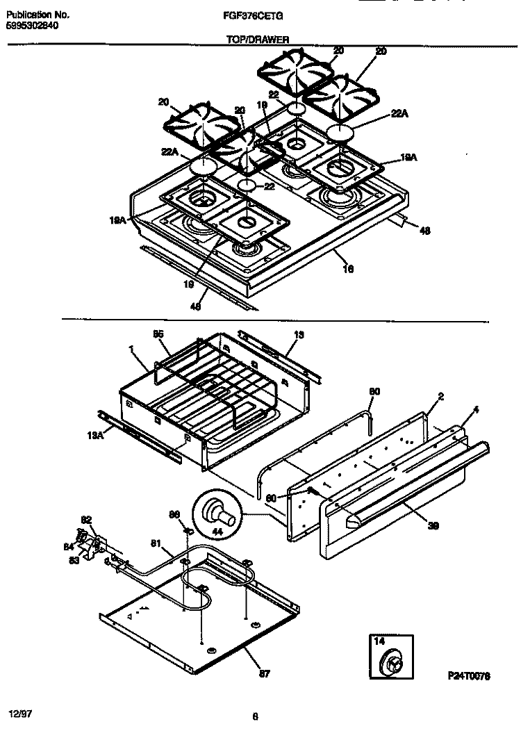 TOP / DRAWER Diagram and Parts List for FGF376CETG  Frigidaire Range