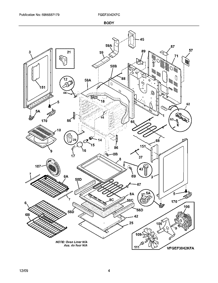 BODY Diagram and Parts List for FGEF3042KFC  Frigidaire Range