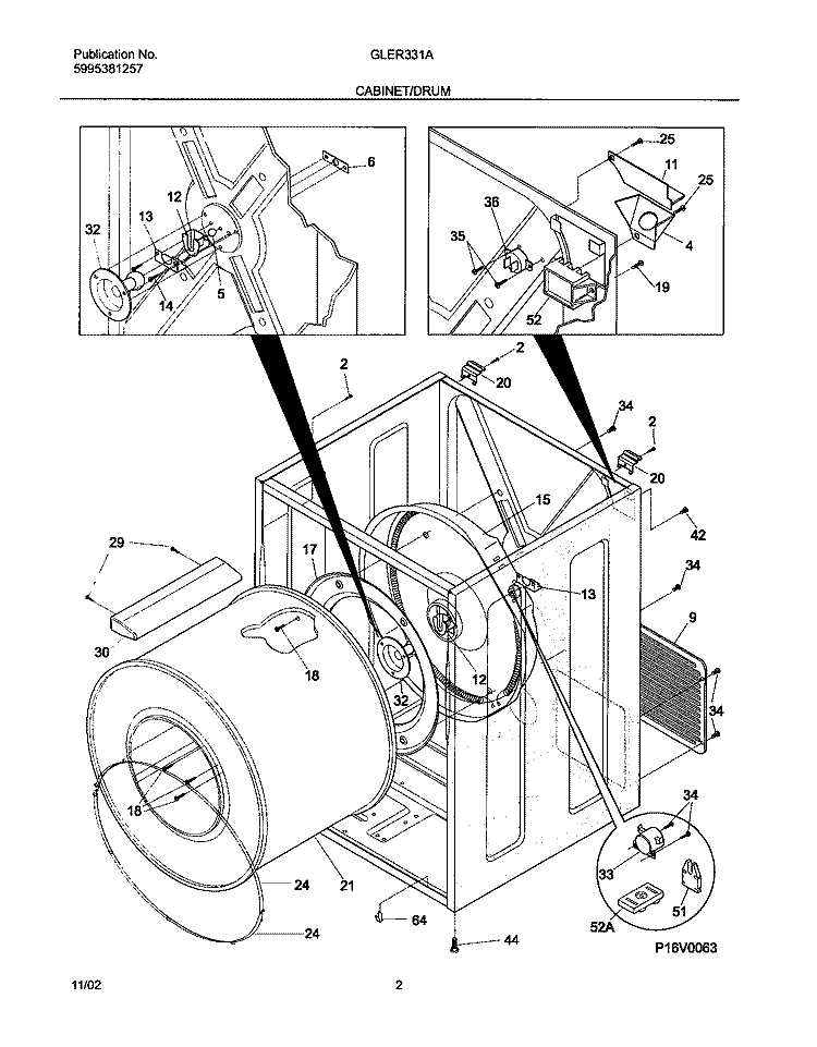 CABINET / DRUM Diagram and Parts List for GLER331AQ2  Frigidaire Dryer