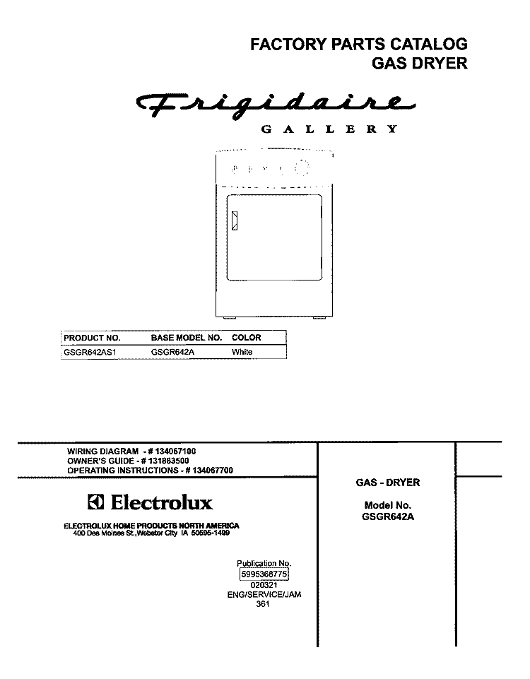 COVER Diagram and Parts List for GSGR642AS1  Frigidaire Dryer