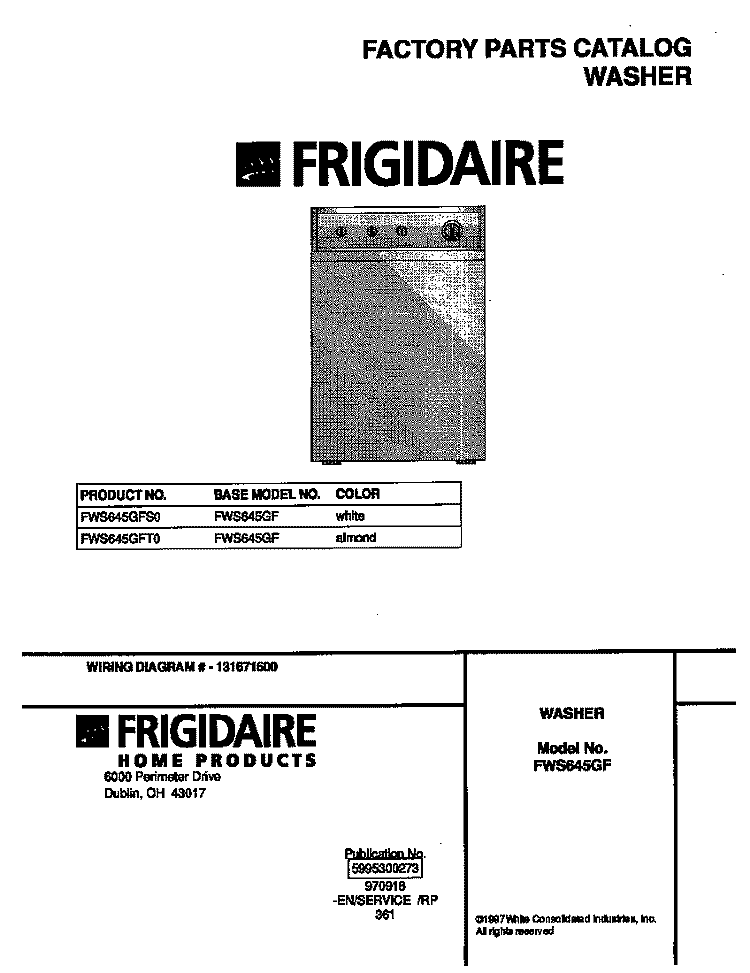 COVER Diagram and Parts List for FWS645GFT0  Frigidaire Washer