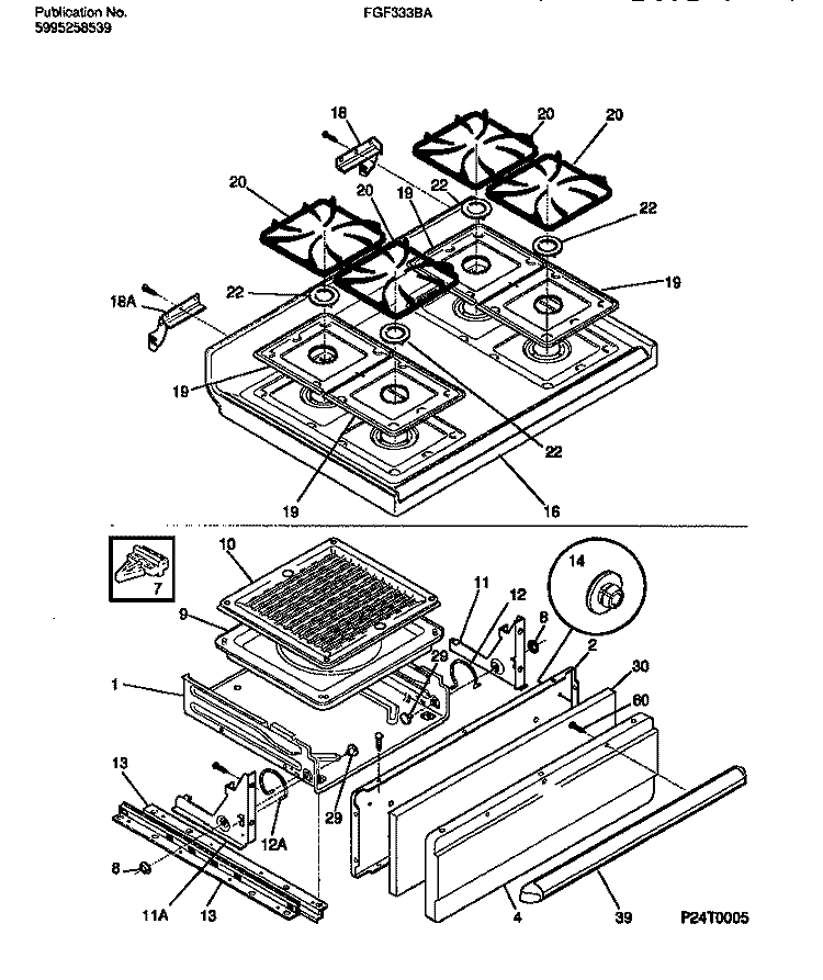 TOP / DRAWER Diagram and Parts List for FGF333BADB  Frigidaire Range